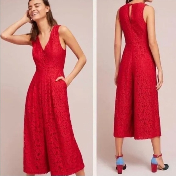 Anthropologie Jumpsuit pockets Jaeda Lace Wide-Leg Moulinette Soeurs Red size 2 - Picture 1 of 16